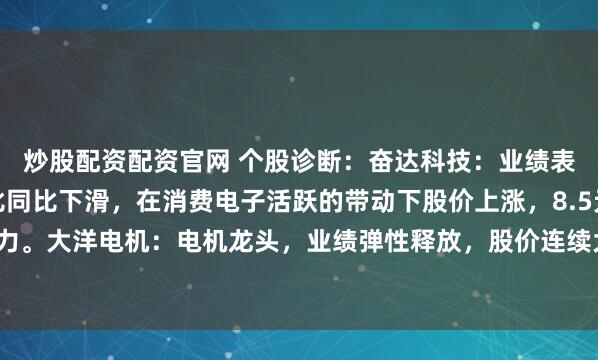 炒股配资配资官网 个股诊断：奋达科技：业绩表现不及预期，中报环比同比下滑，在消费电子活跃的带动下股价上涨，8.5元附近有压力。大洋电机：电机龙头，业绩弹性释放，股价连续大涨，关注5天均线的支撑（肖世金）